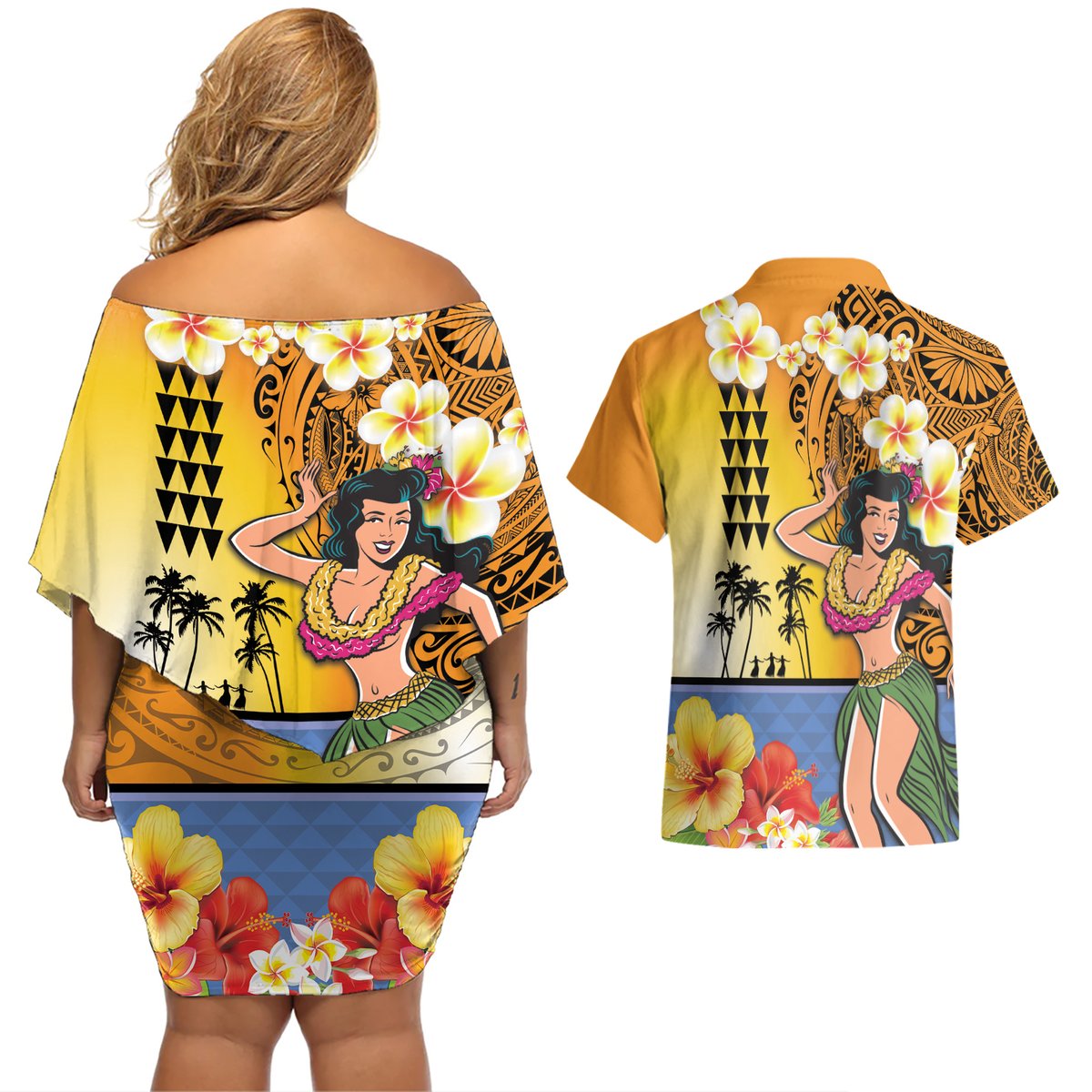 Happy Lei Day Couples Matching Off Shoulder Short Dress and Hawaiian Shirt Hula Girl Polynesian Flower Kakau Pattern LT03 - Polynesian Pride
