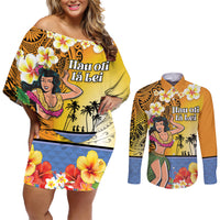 Happy Lei Day Couples Matching Off Shoulder Short Dress and Long Sleeve Button Shirt Hula Girl Polynesian Flower Kakau Pattern