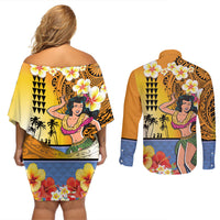 Happy Lei Day Couples Matching Off Shoulder Short Dress and Long Sleeve Button Shirt Hula Girl Polynesian Flower Kakau Pattern