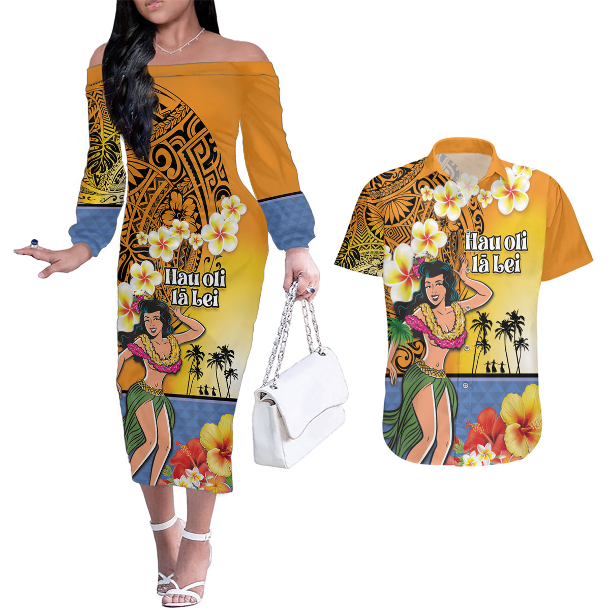 Happy Lei Day Couples Matching Off The Shoulder Long Sleeve Dress and Hawaiian Shirt Hula Girl Polynesian Flower Kakau Pattern LT03 Yellow - Polynesian Pride