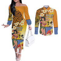 Happy Lei Day Couples Matching Off The Shoulder Long Sleeve Dress and Long Sleeve Button Shirt Hula Girl Polynesian Flower Kakau Pattern