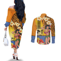 Happy Lei Day Couples Matching Off The Shoulder Long Sleeve Dress and Long Sleeve Button Shirt Hula Girl Polynesian Flower Kakau Pattern