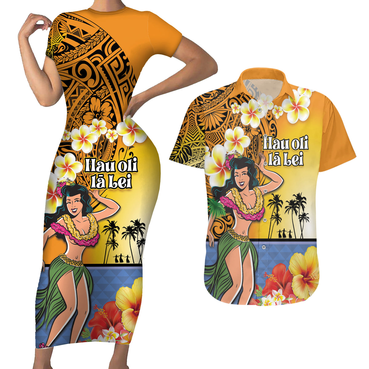 Happy Lei Day Couples Matching Short Sleeve Bodycon Dress and Hawaiian Shirt Hula Girl Polynesian Flower Kakau Pattern LT03 Yellow - Polynesian Pride