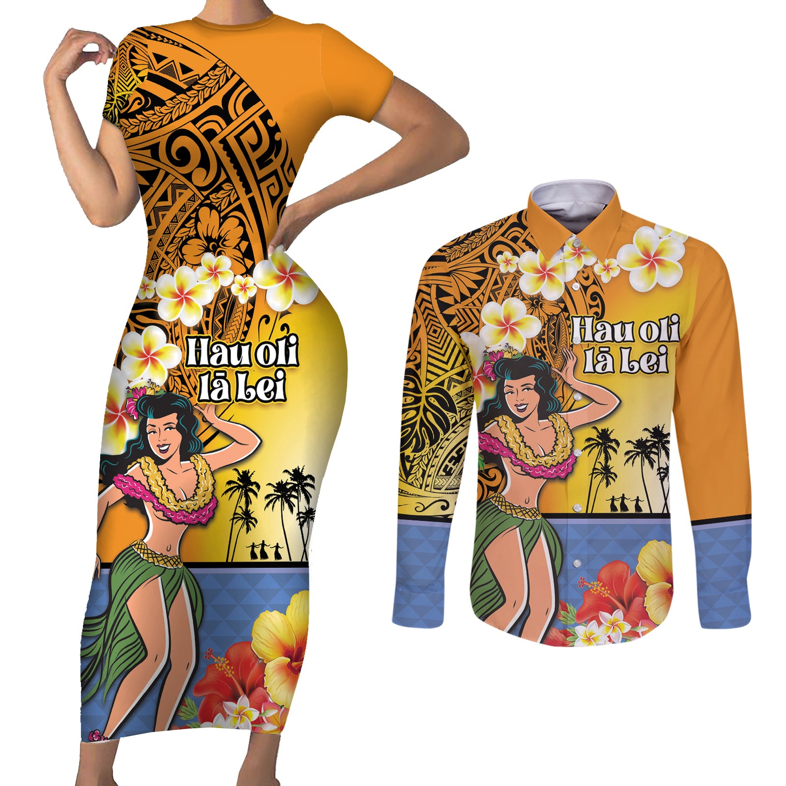 Happy Lei Day Couples Matching Short Sleeve Bodycon Dress and Long Sleeve Button Shirt Hula Girl Polynesian Flower Kakau Pattern