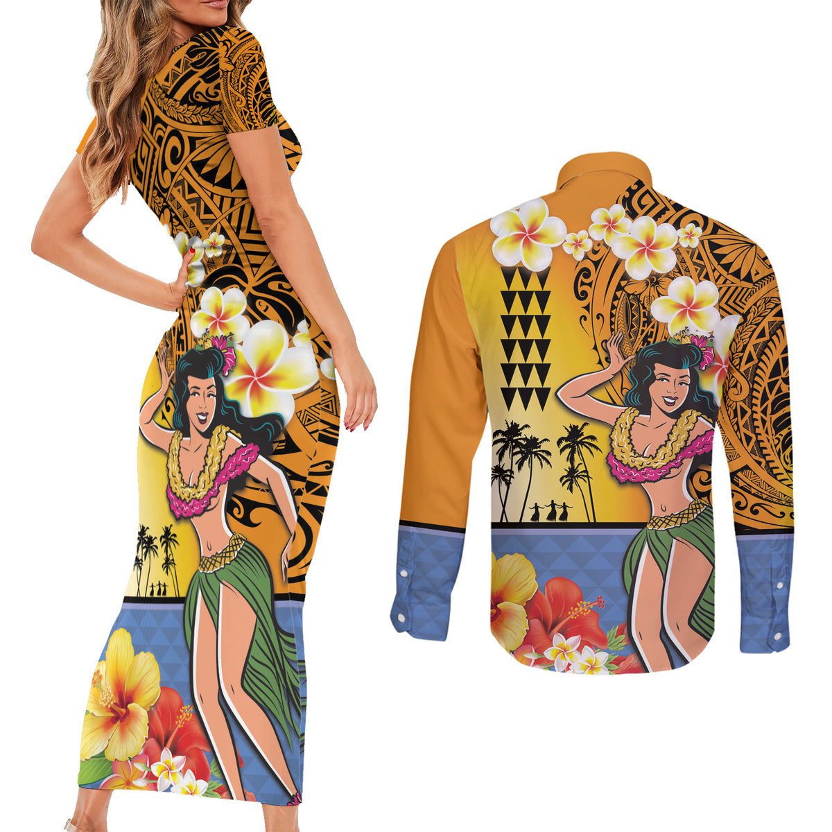 Happy Lei Day Couples Matching Short Sleeve Bodycon Dress and Long Sleeve Button Shirt Hula Girl Polynesian Flower Kakau Pattern