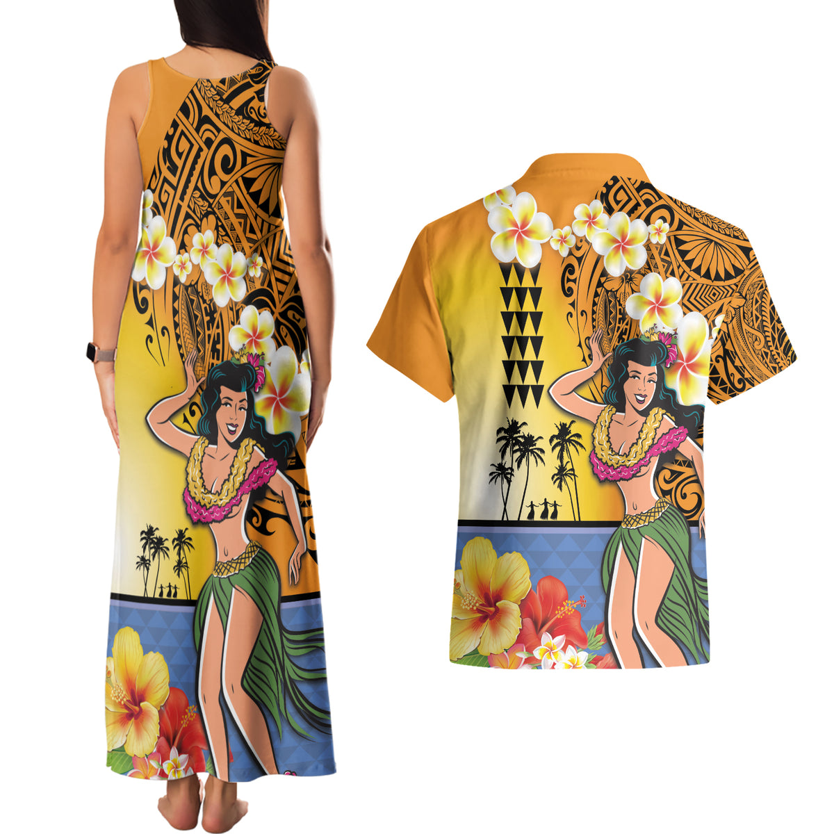 Happy Lei Day Couples Matching Tank Maxi Dress and Hawaiian Shirt Hula Girl Polynesian Flower Kakau Pattern LT03 - Polynesian Pride