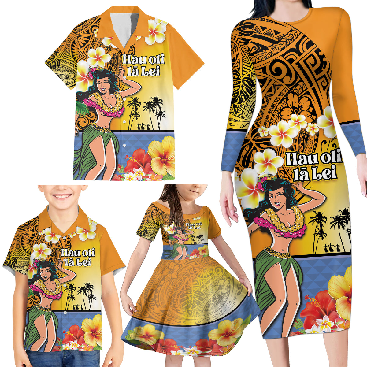 Happy Lei Day Family Matching Long Sleeve Bodycon Dress and Hawaiian Shirt Hula Girl Polynesian Flower Kakau Pattern LT03 - Polynesian Pride