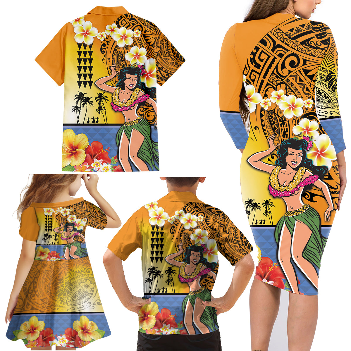 Happy Lei Day Family Matching Long Sleeve Bodycon Dress and Hawaiian Shirt Hula Girl Polynesian Flower Kakau Pattern LT03 - Polynesian Pride