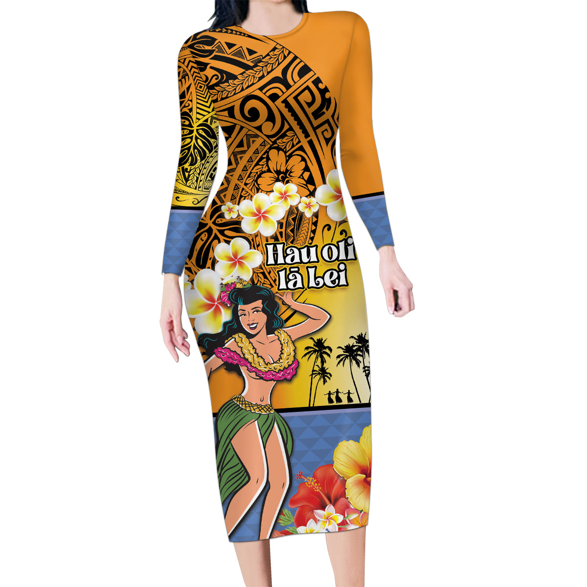 Happy Lei Day Family Matching Long Sleeve Bodycon Dress and Hawaiian Shirt Hula Girl Polynesian Flower Kakau Pattern LT03 Mom's Dress Yellow - Polynesian Pride