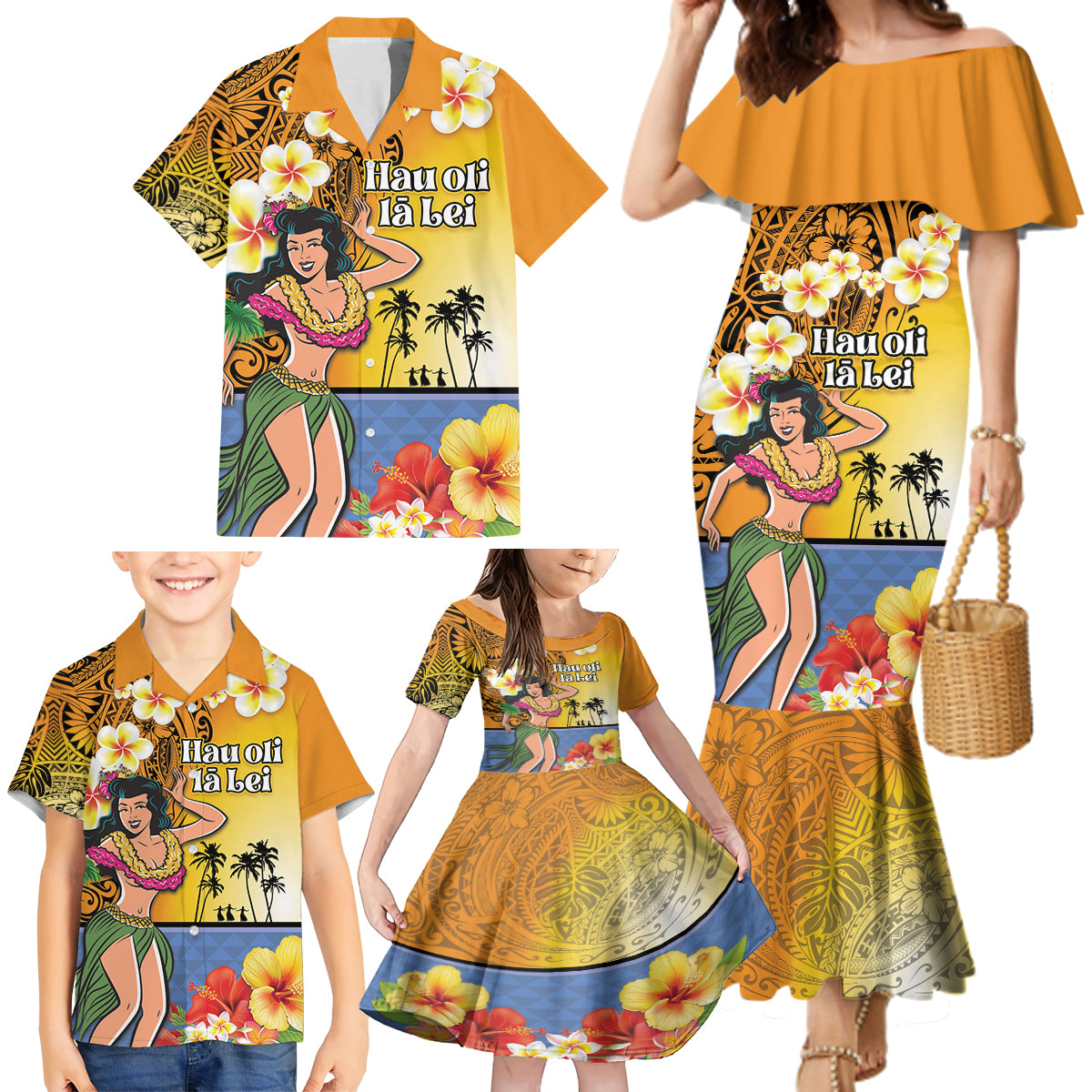 Happy Lei Day Family Matching Mermaid Dress and Hawaiian Shirt Hula Girl Polynesian Flower Kakau Pattern LT03 - Polynesian Pride