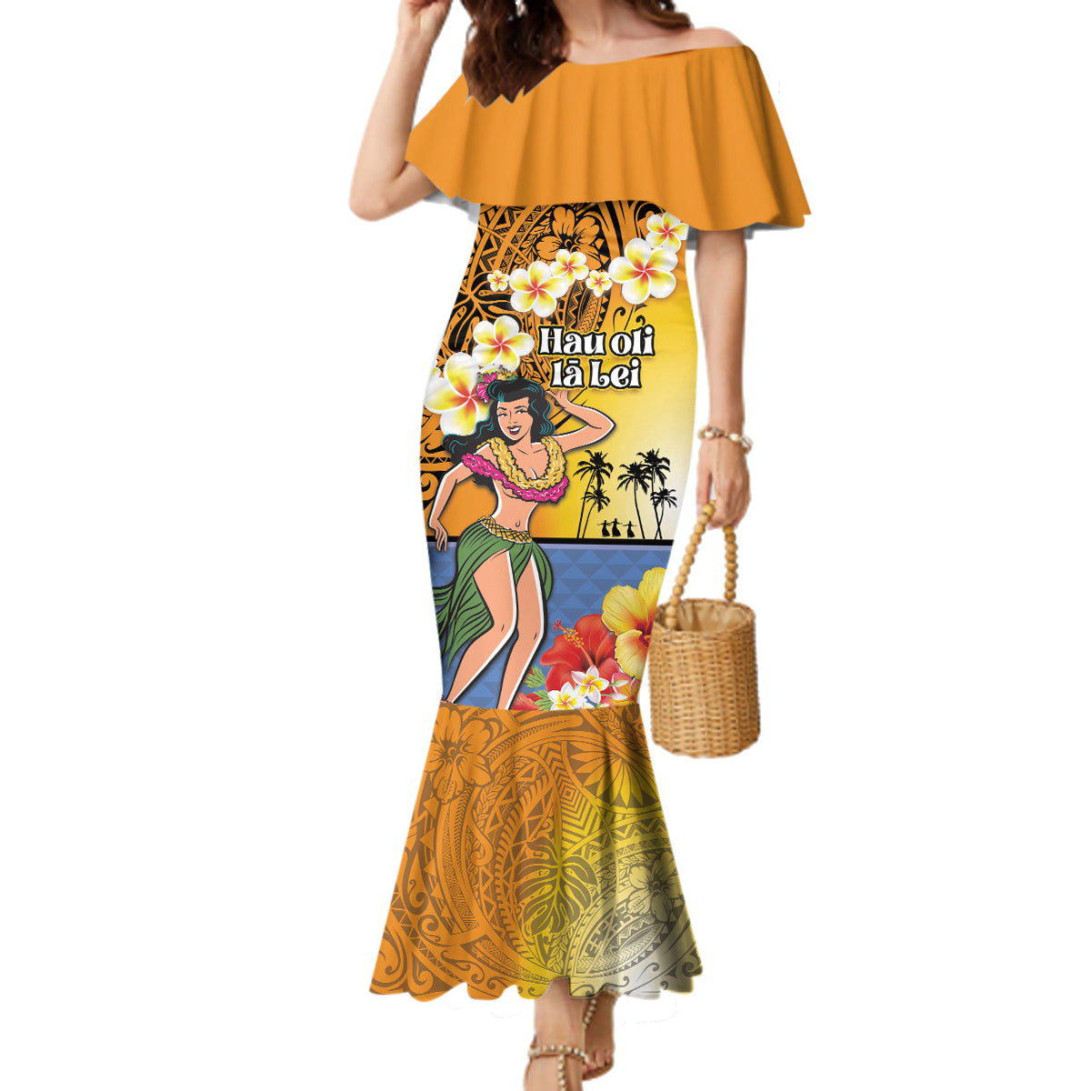 Happy Lei Day Family Matching Mermaid Dress and Hawaiian Shirt Hula Girl Polynesian Flower Kakau Pattern LT03 Mom's Dress Yellow - Polynesian Pride