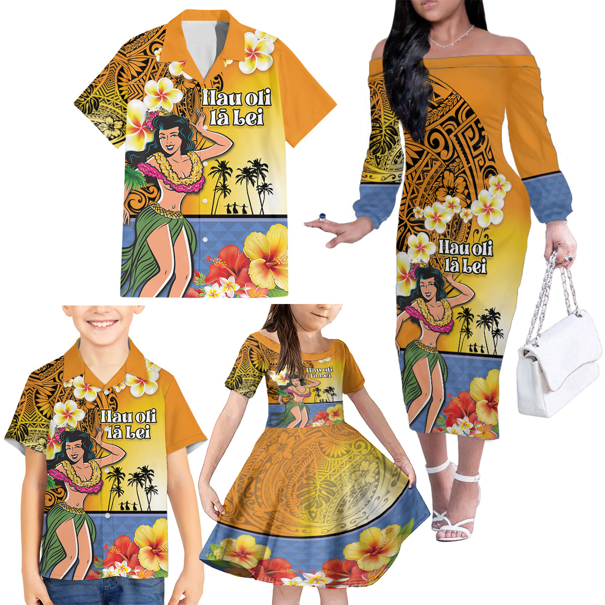 Happy Lei Day Family Matching Off The Shoulder Long Sleeve Dress and Hawaiian Shirt Hula Girl Polynesian Flower Kakau Pattern LT03 - Polynesian Pride