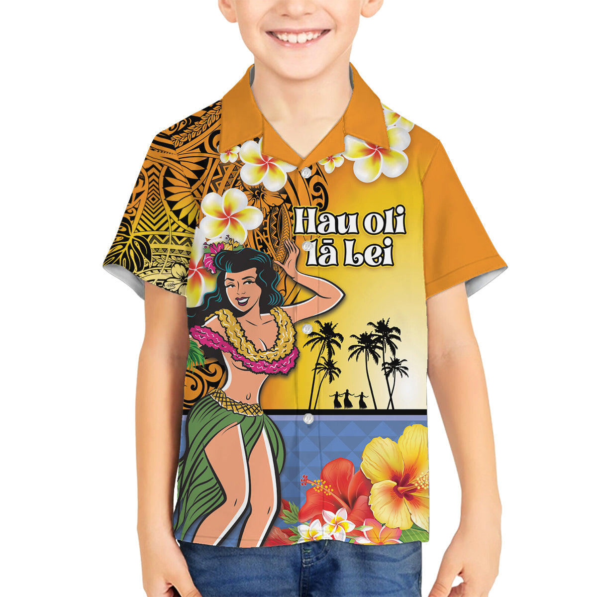 Happy Lei Day Family Matching Off The Shoulder Long Sleeve Dress and Hawaiian Shirt Hula Girl Polynesian Flower Kakau Pattern LT03 Son's Shirt Yellow - Polynesian Pride