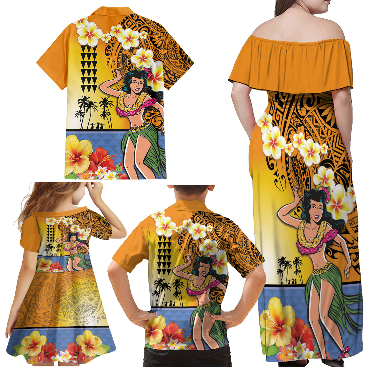 Happy Lei Day Family Matching Off Shoulder Maxi Dress and Hawaiian Shirt Hula Girl Polynesian Flower Kakau Pattern LT03 - Polynesian Pride