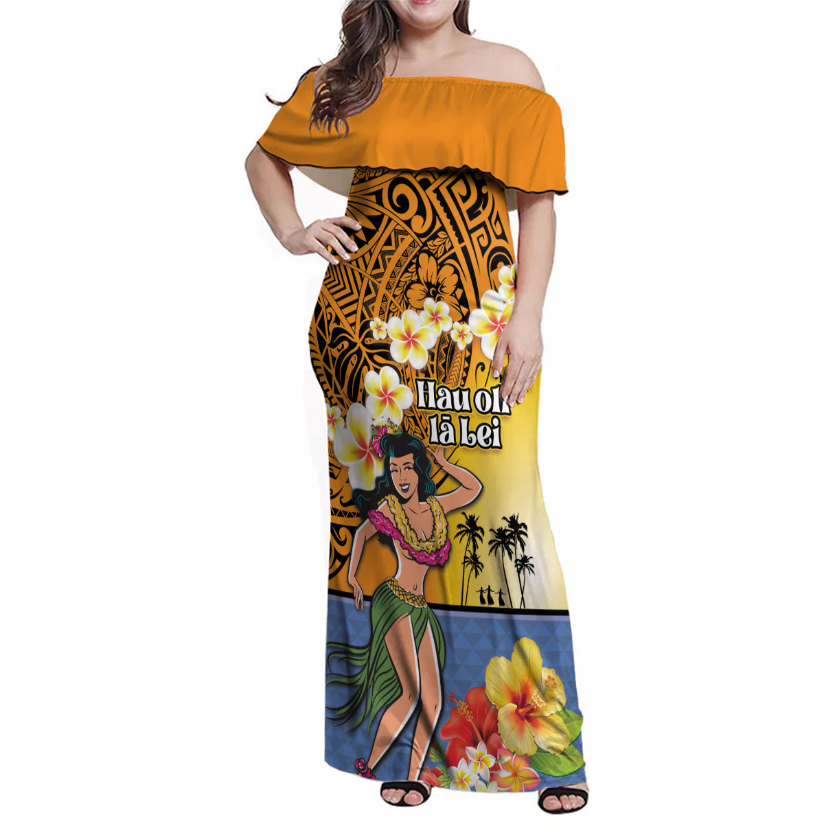 Happy Lei Day Family Matching Off Shoulder Maxi Dress and Hawaiian Shirt Hula Girl Polynesian Flower Kakau Pattern LT03 Mom's Dress Yellow - Polynesian Pride
