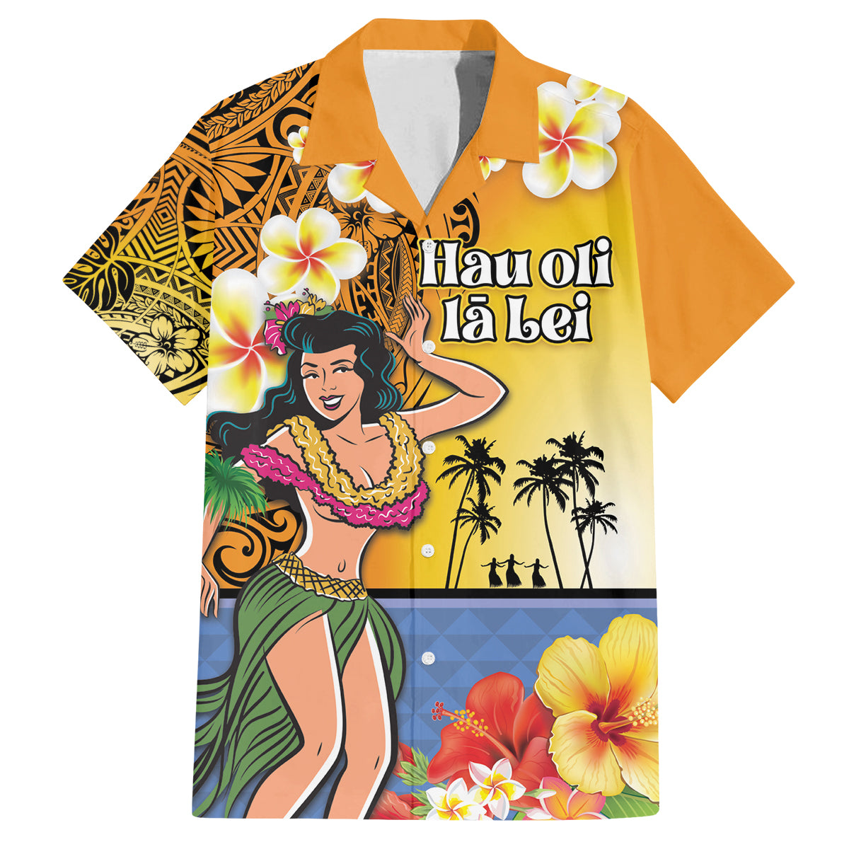 Happy Lei Day Family Matching Off Shoulder Short Dress and Hawaiian Shirt Hula Girl Polynesian Flower Kakau Pattern LT03 Dad's Shirt - Short Sleeve Yellow - Polynesian Pride