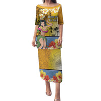 Happy Lei Day Family Matching Puletasi and Hawaiian Shirt Hula Girl Polynesian Flower Kakau Pattern LT03 Mom's Dress Yellow - Polynesian Pride