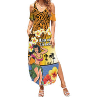 Happy Lei Day Family Matching Summer Maxi Dress and Hawaiian Shirt Hula Girl Polynesian Flower Kakau Pattern LT03 Mom's Dress Yellow - Polynesian Pride