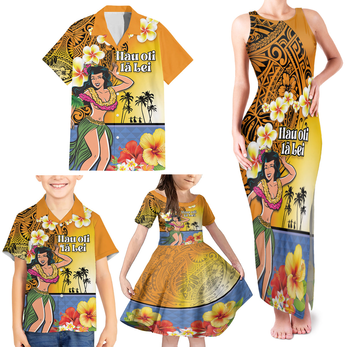 Happy Lei Day Family Matching Tank Maxi Dress and Hawaiian Shirt Hula Girl Polynesian Flower Kakau Pattern LT03 - Polynesian Pride