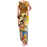 Happy Lei Day Family Matching Tank Maxi Dress and Hawaiian Shirt Hula Girl Polynesian Flower Kakau Pattern LT03 Mom's Dress Yellow - Polynesian Pride
