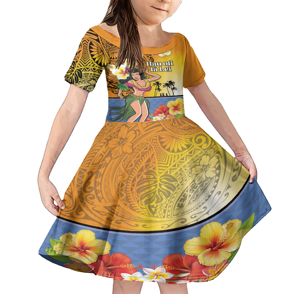 Happy Lei Day Kid Short Sleeve Dress Hula Girl Polynesian Flower Kakau Pattern