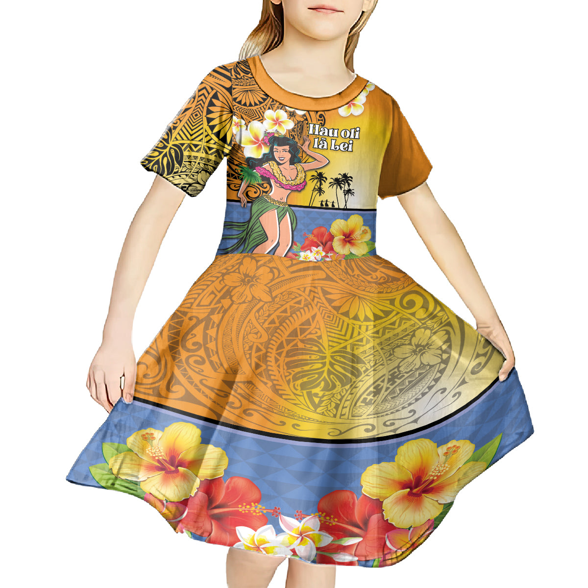 Happy Lei Day Kid Short Sleeve Dress Hula Girl Polynesian Flower Kakau Pattern
