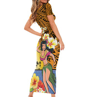 Happy Lei Day Short Sleeve Bodycon Dress Hula Girl Polynesian Flower Kakau Pattern
