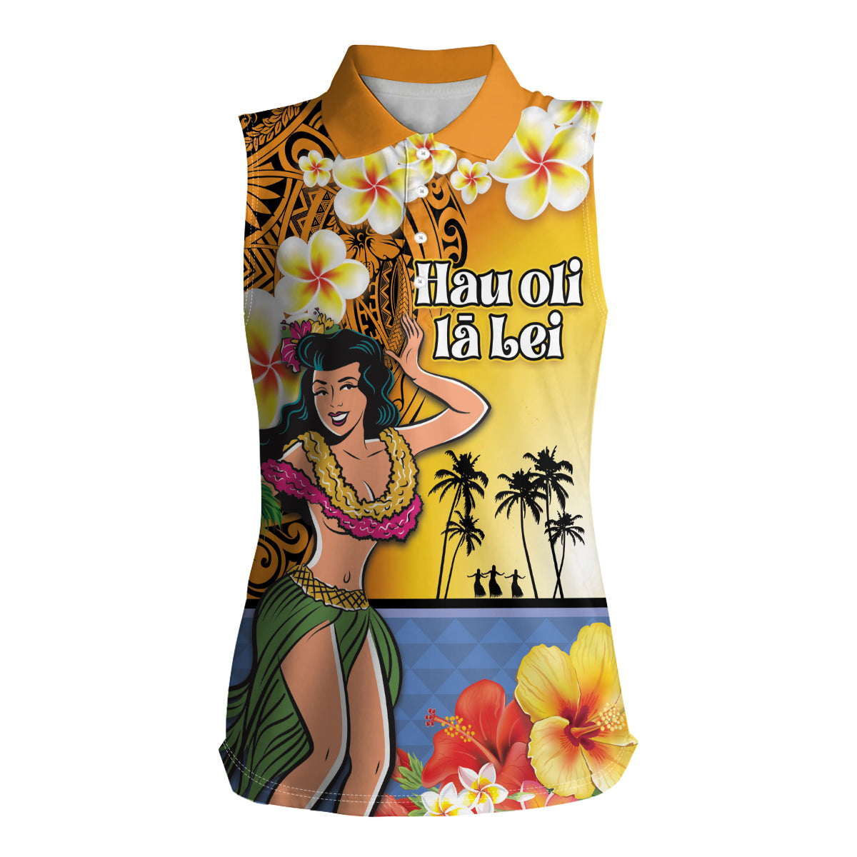 Happy Lei Day Women Sleeveless Polo Shirt Hula Girl Polynesian Flower Kakau Pattern LT03 Female Yellow - Polynesian Pride