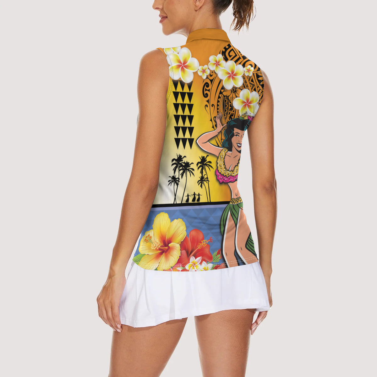 Happy Lei Day Women Sleeveless Polo Shirt Hula Girl Polynesian Flower Kakau Pattern LT03 - Polynesian Pride