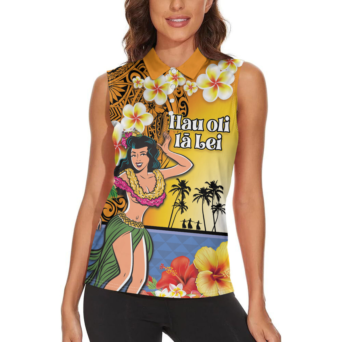 Happy Lei Day Women Sleeveless Polo Shirt Hula Girl Polynesian Flower Kakau Pattern LT03 - Polynesian Pride