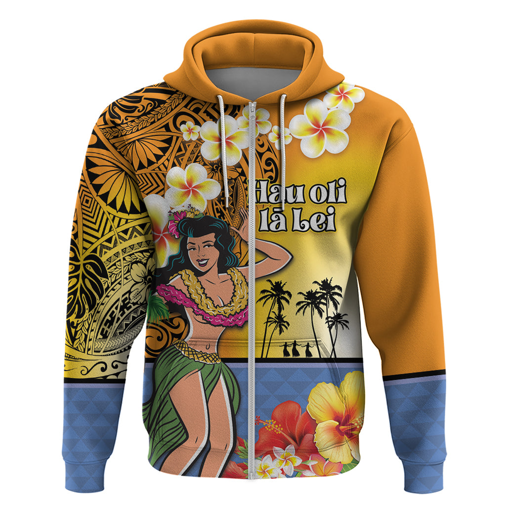 Happy Lei Day Zip Hoodie Hula Girl Polynesian Flower Kakau Pattern LT03 Zip Hoodie Yellow - Polynesian Pride