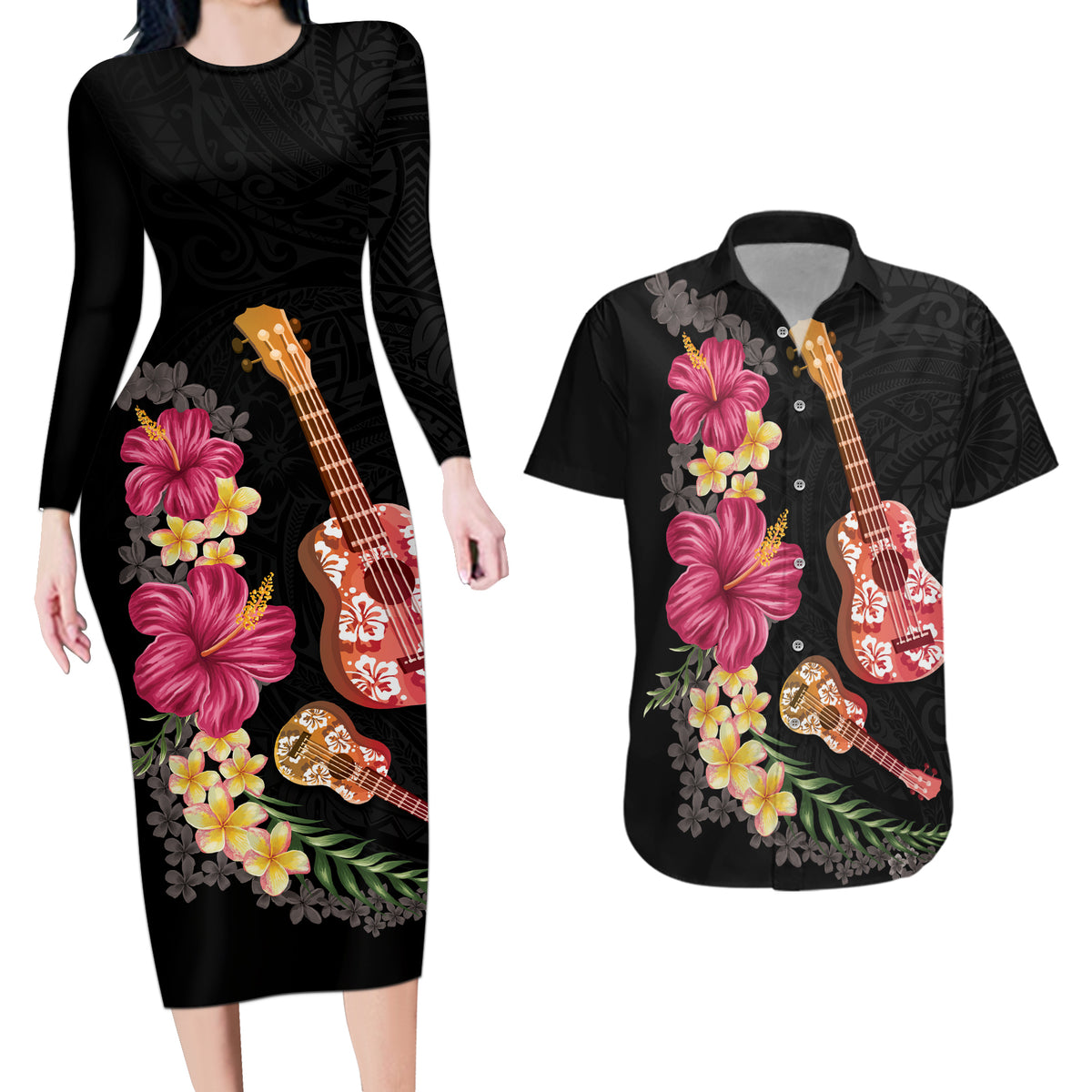Ukulele mix Polynesian Flower Couples Matching Long Sleeve Bodycon Dress and Hawaiian Shirt Hawaiian Tribal Pattern LT03 Black - Polynesian Pride