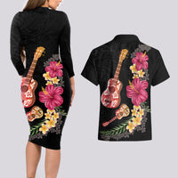 Ukulele mix Polynesian Flower Couples Matching Long Sleeve Bodycon Dress and Hawaiian Shirt Hawaiian Tribal Pattern LT03 - Polynesian Pride
