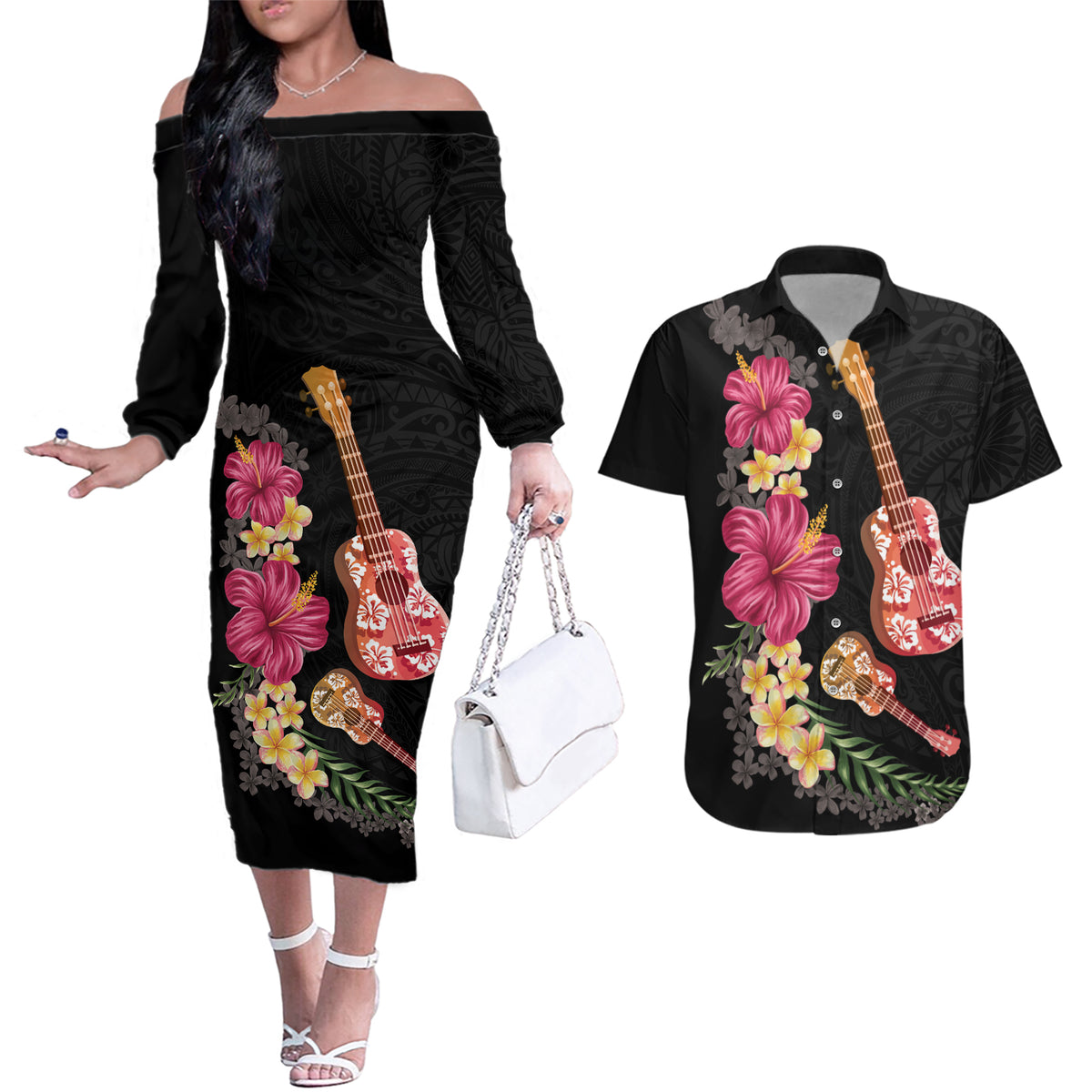 Ukulele mix Polynesian Flower Couples Matching Off The Shoulder Long Sleeve Dress and Hawaiian Shirt Hawaiian Tribal Pattern LT03 Black - Polynesian Pride