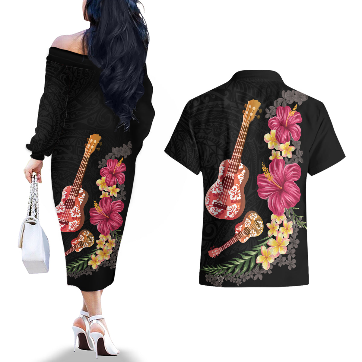 Ukulele mix Polynesian Flower Couples Matching Off The Shoulder Long Sleeve Dress and Hawaiian Shirt Hawaiian Tribal Pattern LT03 - Polynesian Pride