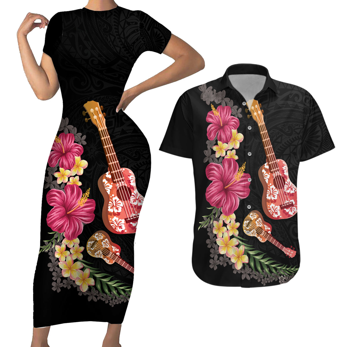 Ukulele mix Polynesian Flower Couples Matching Short Sleeve Bodycon Dress and Hawaiian Shirt Hawaiian Tribal Pattern LT03 Black - Polynesian Pride