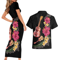 Ukulele mix Polynesian Flower Couples Matching Short Sleeve Bodycon Dress and Hawaiian Shirt Hawaiian Tribal Pattern LT03 - Polynesian Pride
