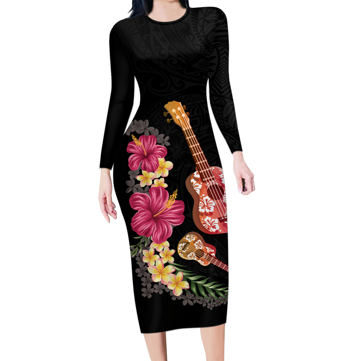 Ukulele mix Polynesian Flower Family Matching Long Sleeve Bodycon Dress and Hawaiian Shirt Hawaiian Tribal Pattern LT03 Mom's Dress Black - Polynesian Pride