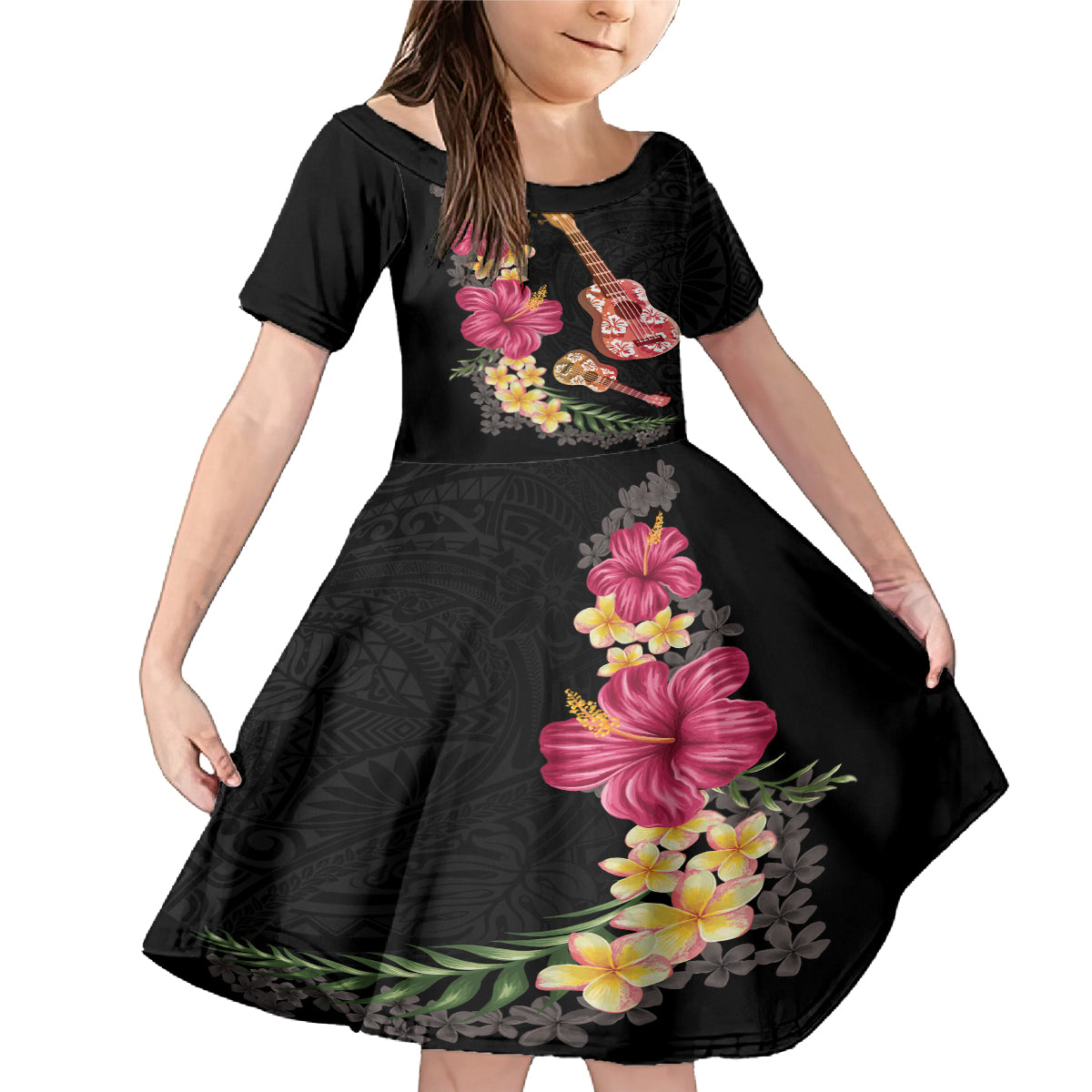 Ukulele mix Polynesian Flower Family Matching Mermaid Dress and Hawaiian Shirt Hawaiian Tribal Pattern LT03 Daughter's Dress Black - Polynesian Pride