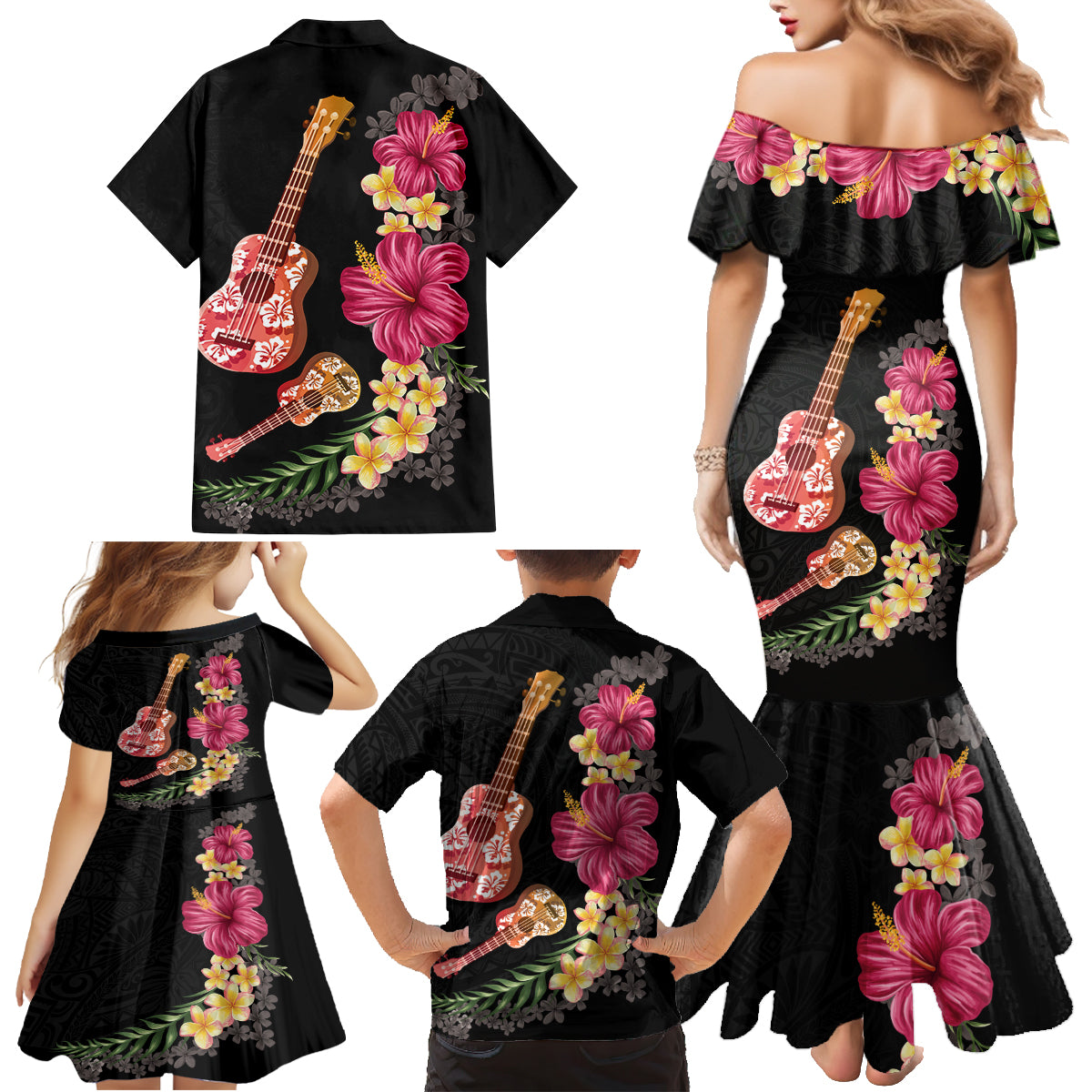 Ukulele mix Polynesian Flower Family Matching Mermaid Dress and Hawaiian Shirt Hawaiian Tribal Pattern LT03 - Polynesian Pride