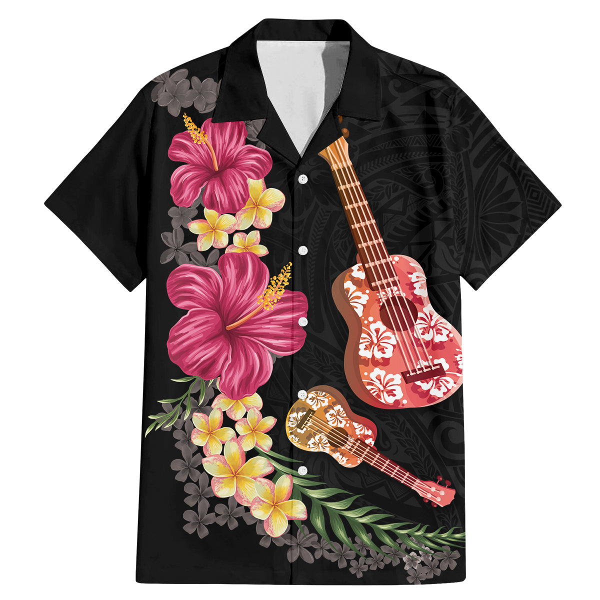 Ukulele mix Polynesian Flower Family Matching Mermaid Dress and Hawaiian Shirt Hawaiian Tribal Pattern LT03 Dad's Shirt - Short Sleeve Black - Polynesian Pride