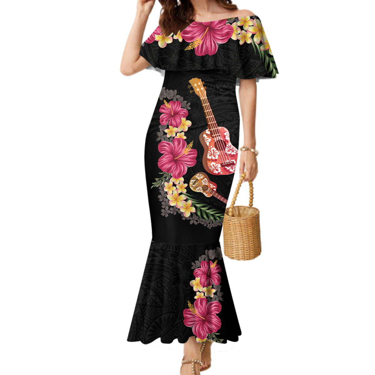 Ukulele mix Polynesian Flower Family Matching Mermaid Dress and Hawaiian Shirt Hawaiian Tribal Pattern LT03 Mom's Dress Black - Polynesian Pride