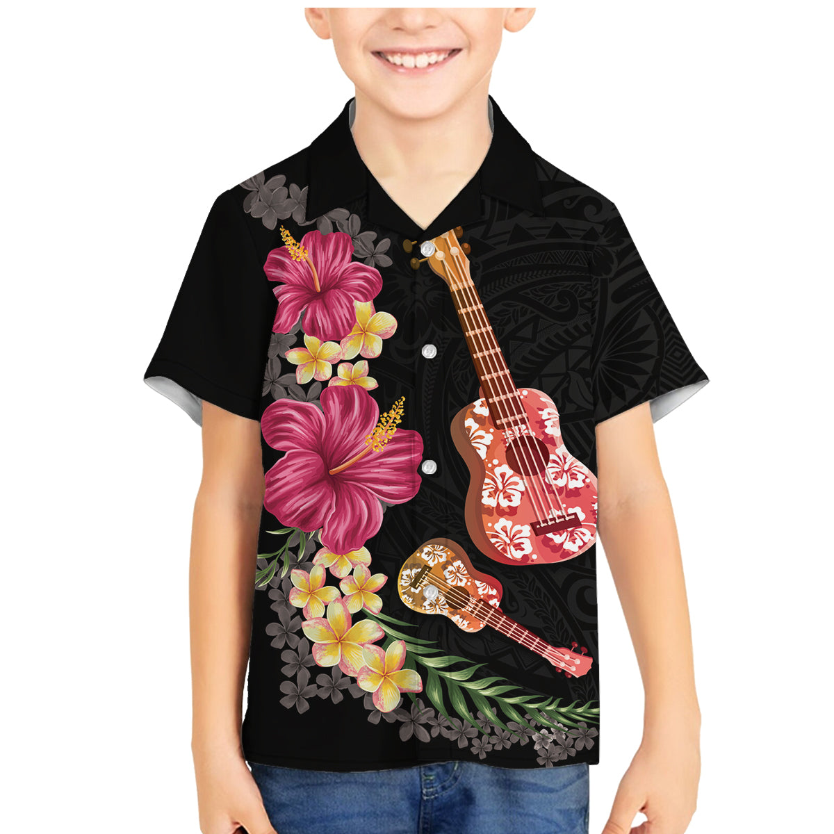 Ukulele mix Polynesian Flower Family Matching Mermaid Dress and Hawaiian Shirt Hawaiian Tribal Pattern LT03 Son's Shirt Black - Polynesian Pride