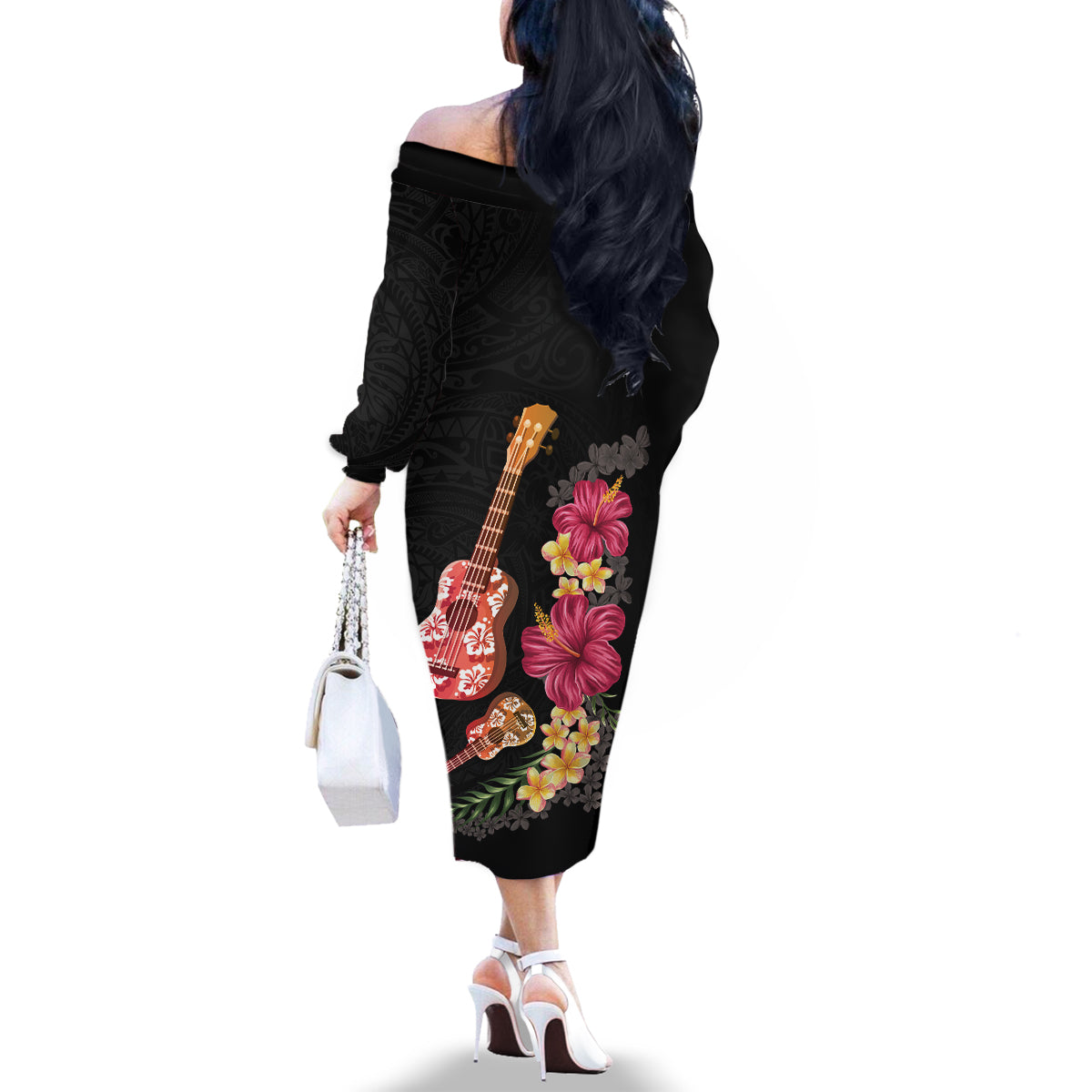 Ukulele mix Polynesian Flower Family Matching Off The Shoulder Long Sleeve Dress and Hawaiian Shirt Hawaiian Tribal Pattern LT03 - Polynesian Pride