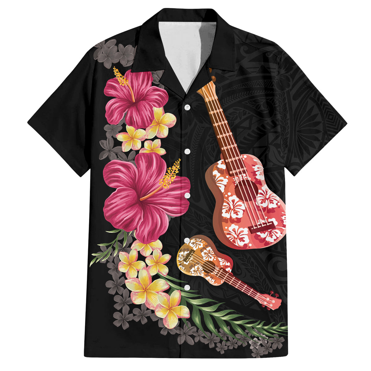 Ukulele mix Polynesian Flower Family Matching Off Shoulder Maxi Dress and Hawaiian Shirt Hawaiian Tribal Pattern LT03 Dad's Shirt - Short Sleeve Black - Polynesian Pride
