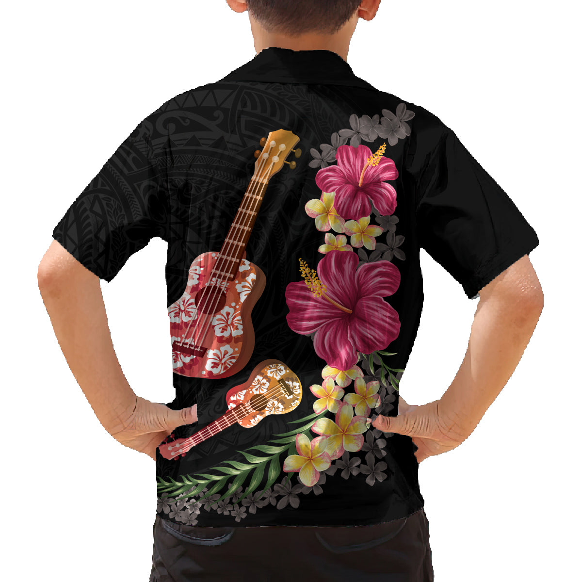 Ukulele mix Polynesian Flower Family Matching Off Shoulder Short Dress and Hawaiian Shirt Hawaiian Tribal Pattern LT03 - Polynesian Pride