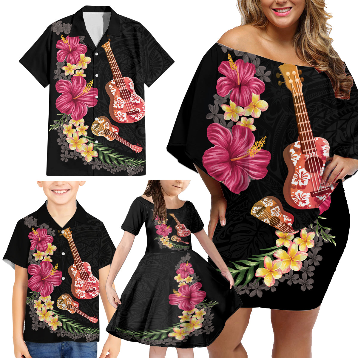 Ukulele mix Polynesian Flower Family Matching Off Shoulder Short Dress and Hawaiian Shirt Hawaiian Tribal Pattern LT03 - Polynesian Pride