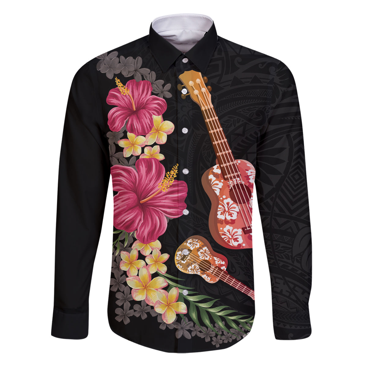 Ukulele mix Polynesian Flower Family Matching Puletasi and Hawaiian Shirt Hawaiian Tribal Pattern LT03 Dad's Shirt - Long Sleeve Black - Polynesian Pride