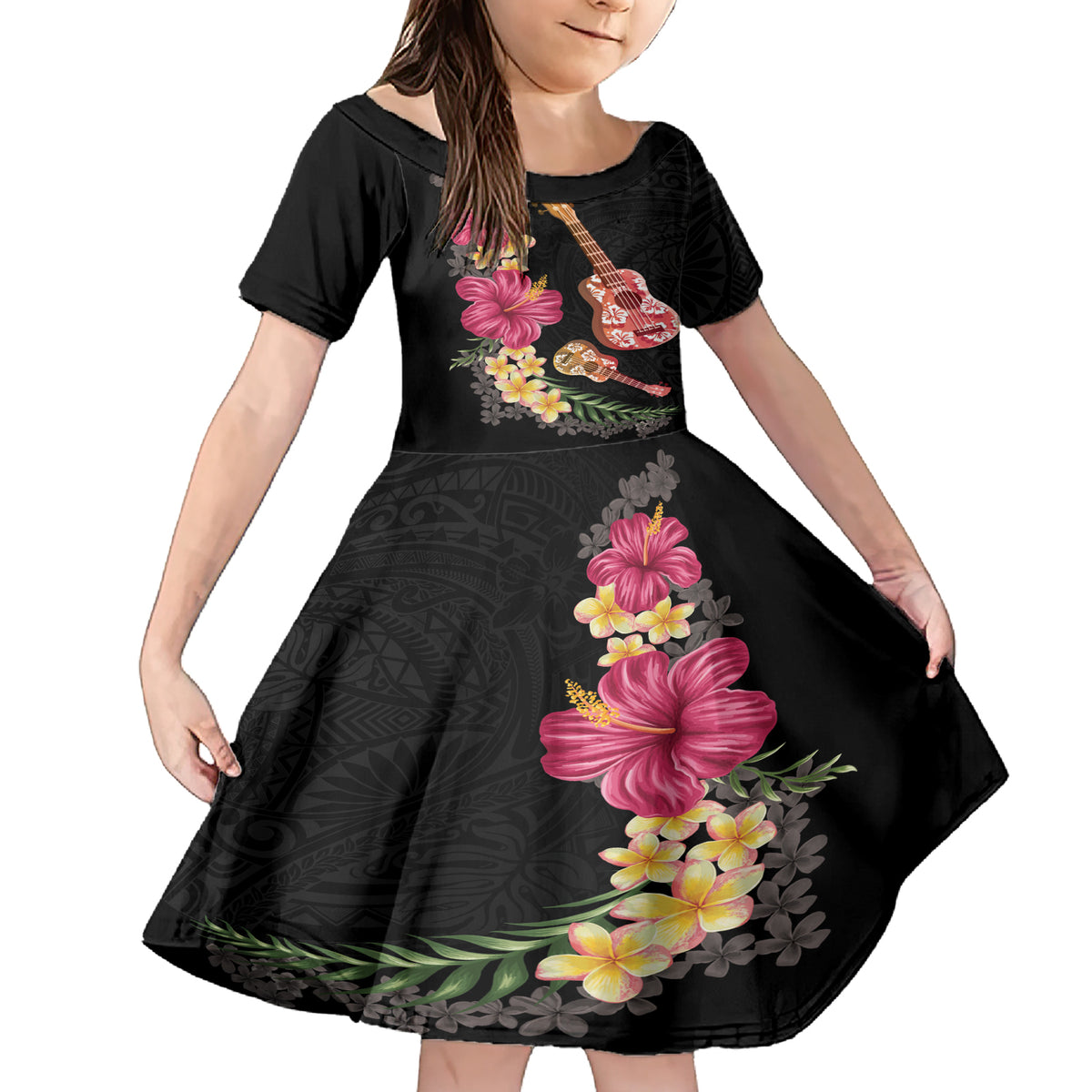 Ukulele mix Polynesian Flower Family Matching Short Sleeve Bodycon Dress and Hawaiian Shirt Hawaiian Tribal Pattern LT03 Daughter's Dress Black - Polynesian Pride