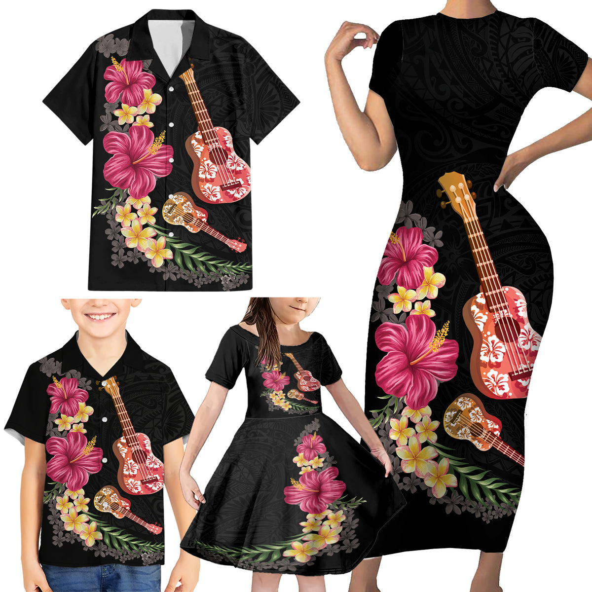 Ukulele mix Polynesian Flower Family Matching Short Sleeve Bodycon Dress and Hawaiian Shirt Hawaiian Tribal Pattern LT03 - Polynesian Pride